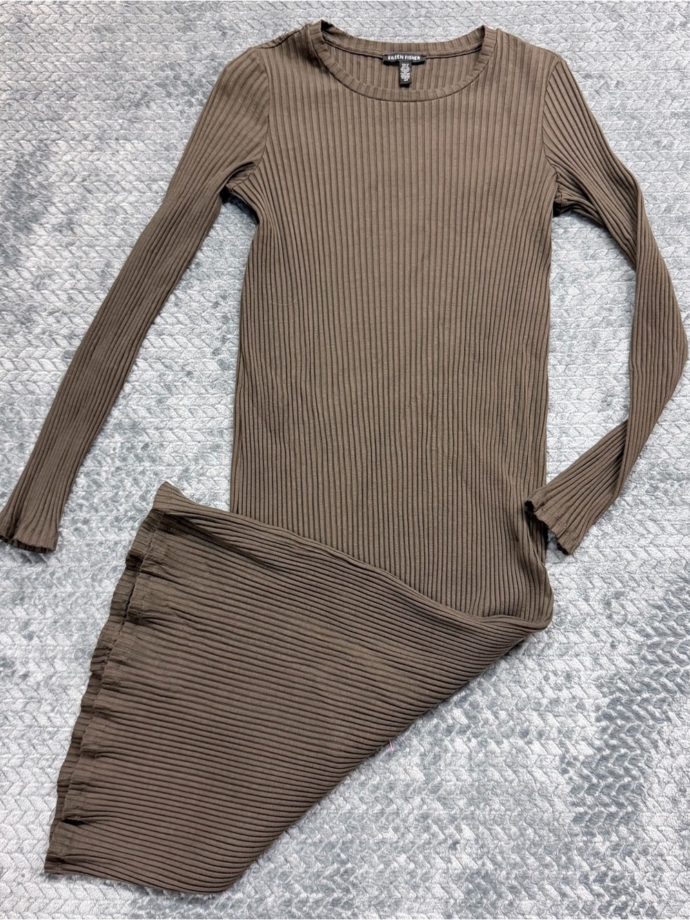 Eileen Fisher Taupe Ribbed Long Sleeve Midi Dress Size Small